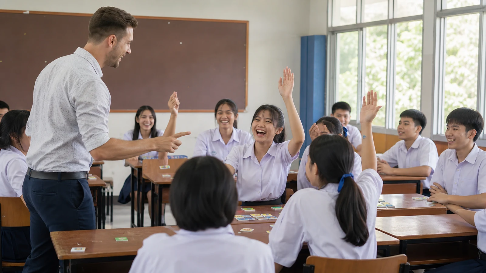 Thai students enjoying an English classroom game with a foreign teacher