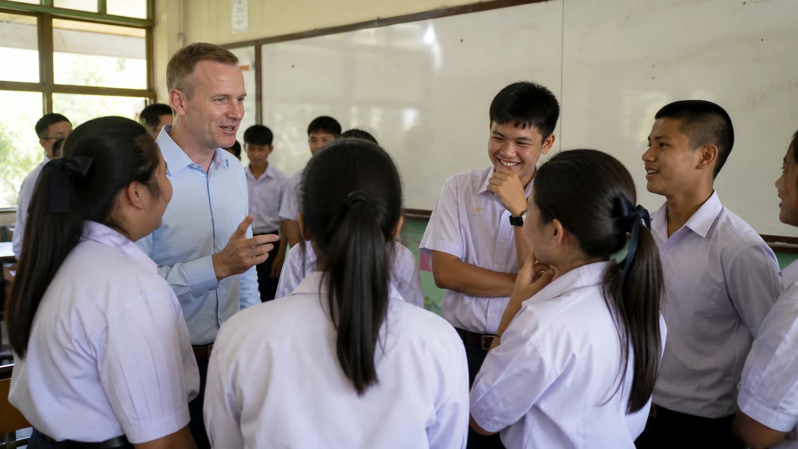 Thai students smiling during a speaking and guessing game with a foreign teacher