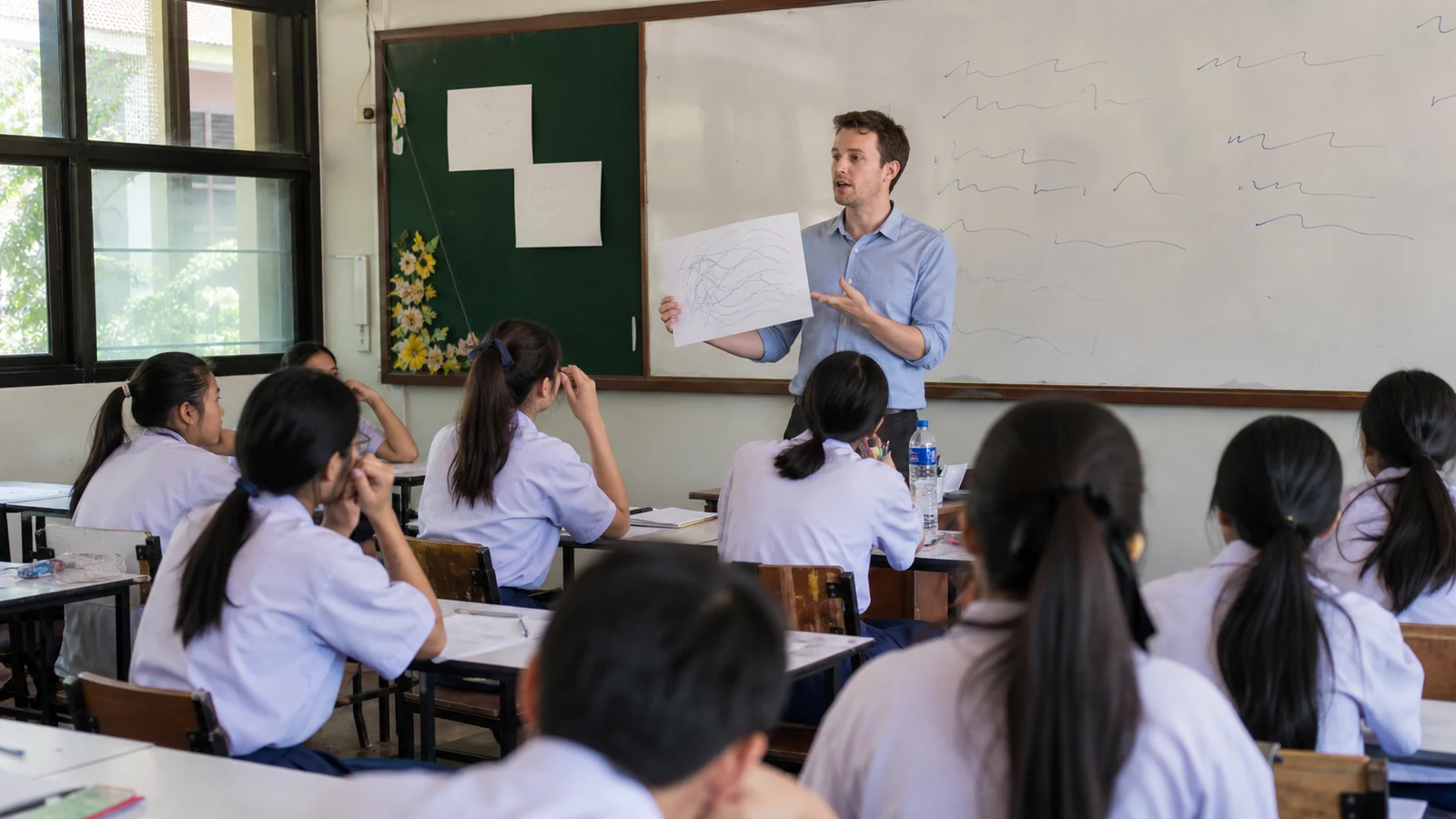 New foreign teacher using clear gestures while Thai students listen attentively
