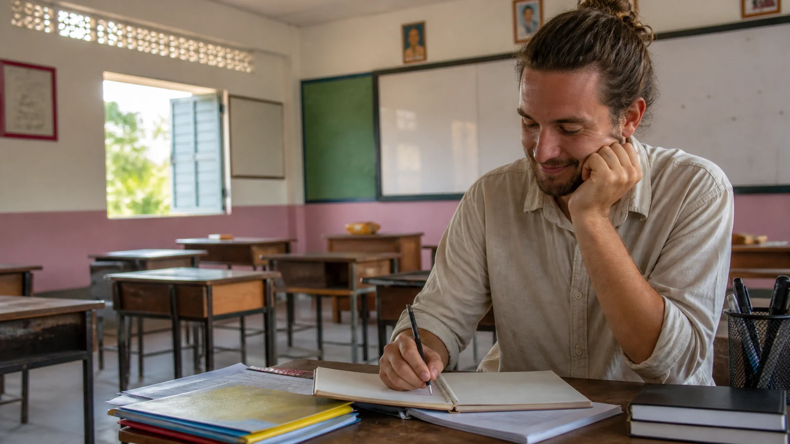 First-time teacher reflecting on a lesson with a relaxed smile after class