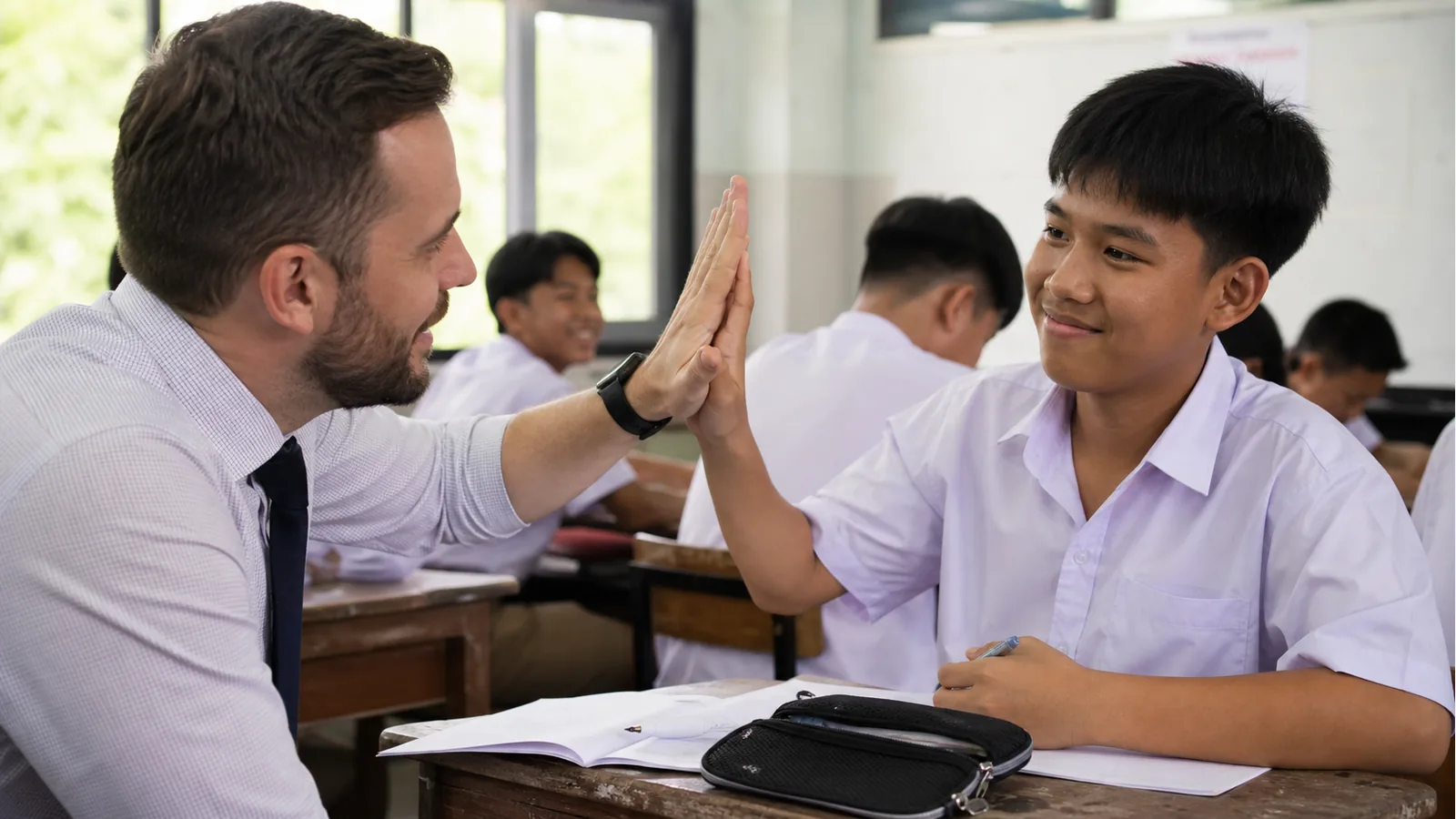Foreign teacher giving encouragement to a Thai student with a friendly high five