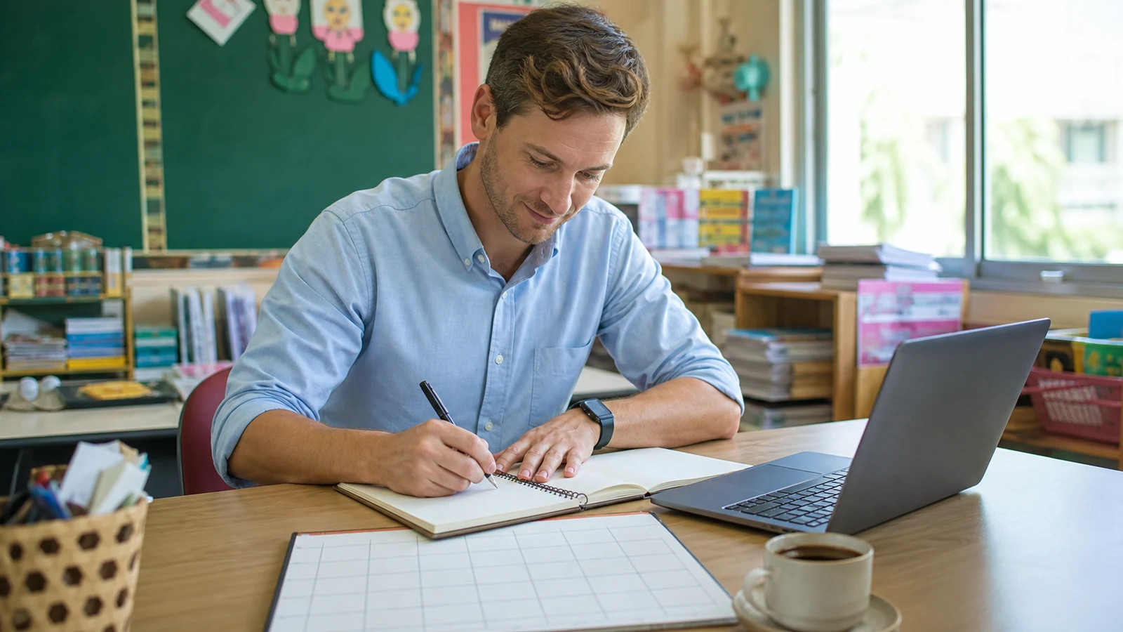Foreign teacher preparing a schedule and lesson notes for the first week at school
