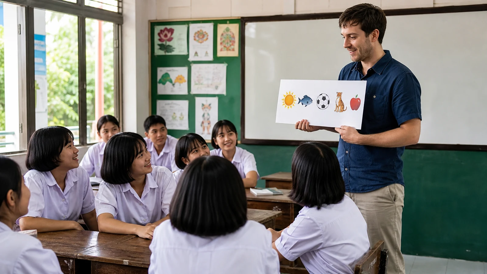 Foreign teacher using picture cards to introduce himself to Thai students