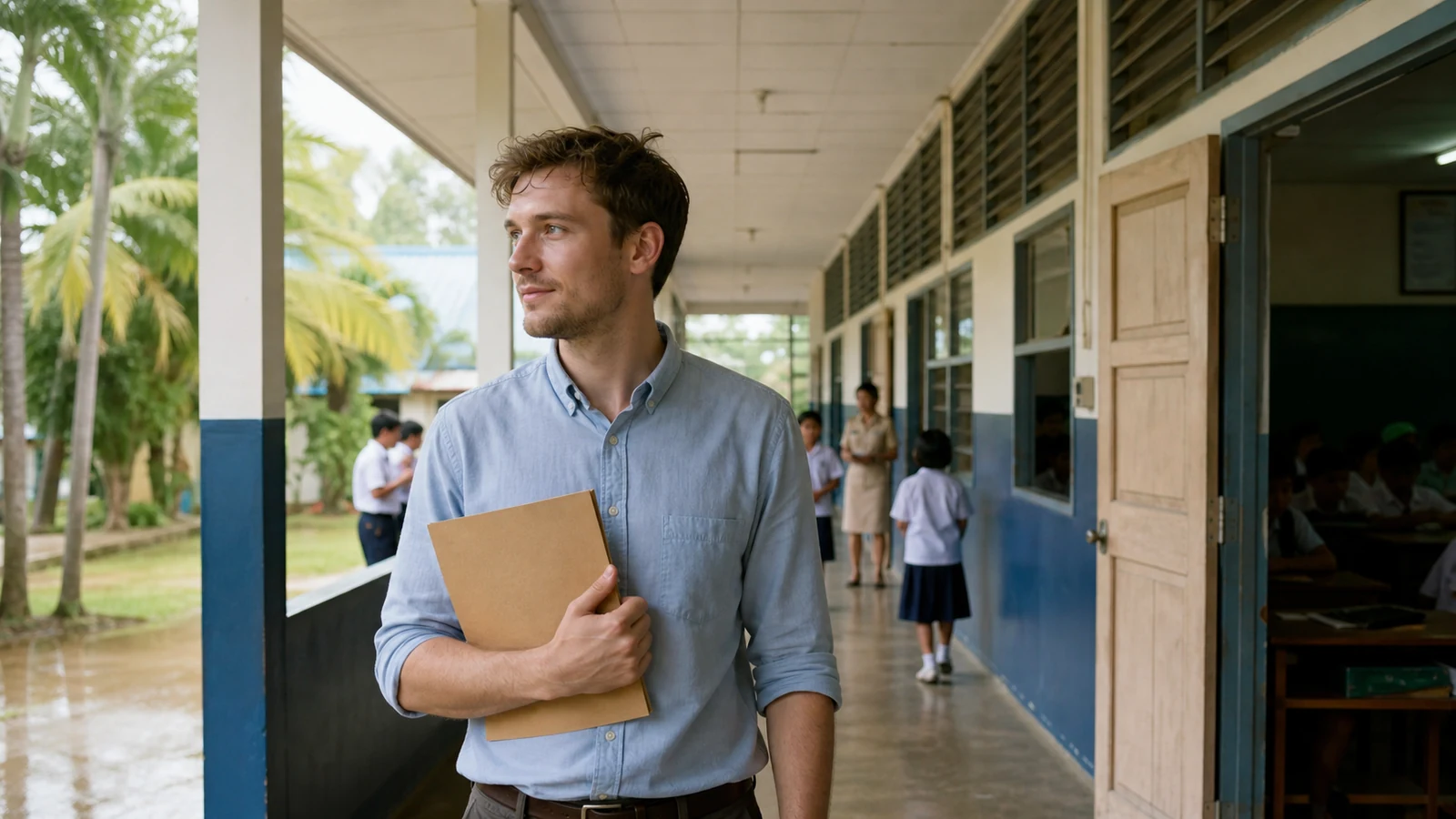 New foreign teacher observing the environment while walking through a Thai school corridor
