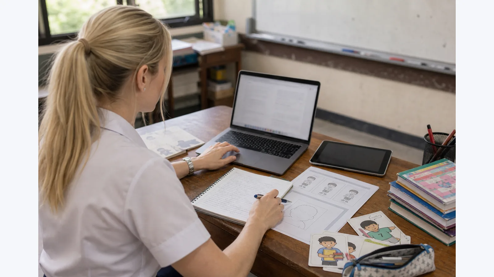 Blonde foreign teacher in a white uniform planning an ESL lesson on a laptop
