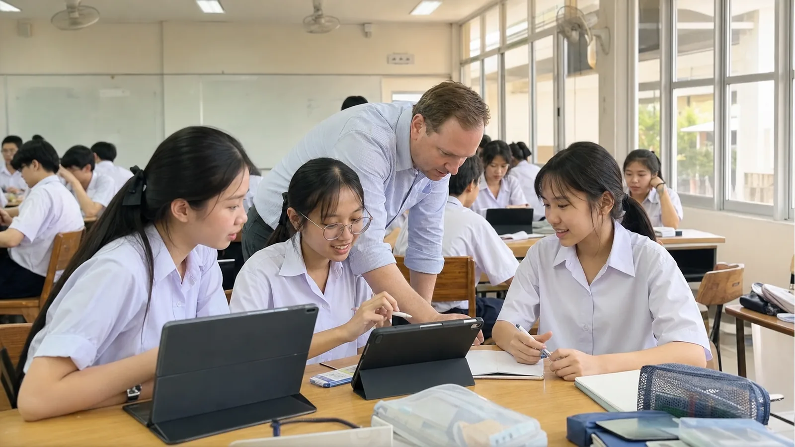 Thai students using classroom technology while a foreign teacher guides them