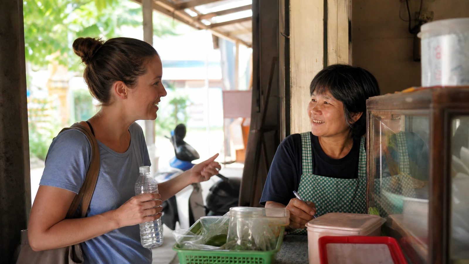 Foreign teacher using simple Thai in a friendly conversation with a local shopkeeper