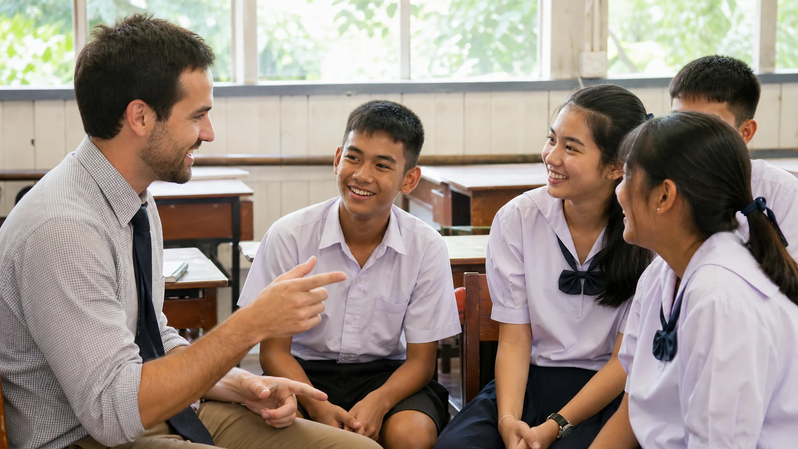 Foreign teacher connecting with Thai students during a relaxed classroom conversation