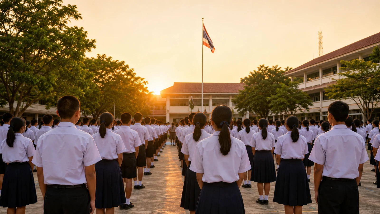 Thai students standing in organized rows during morning assembly