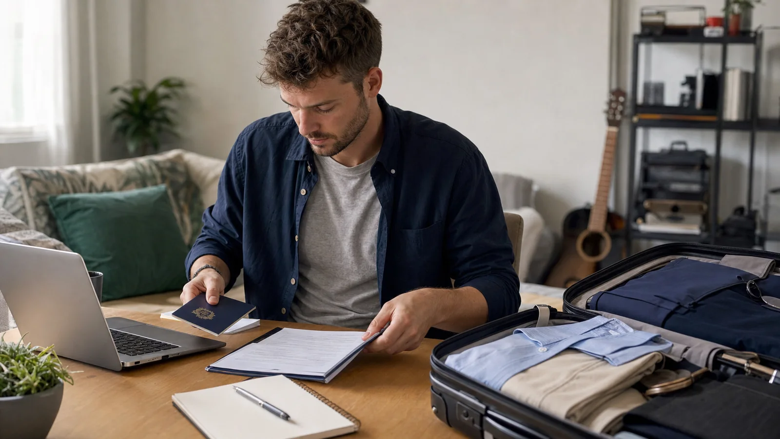 Foreign teacher organizing travel documents beside professional clothing and an open suitcase