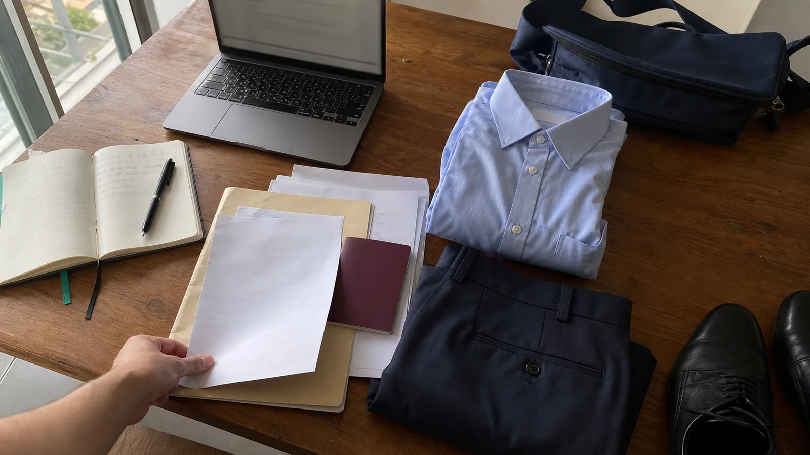 Passport, document folder, notebook, laptop, professional clothing and comfortable shoes prepared for travel