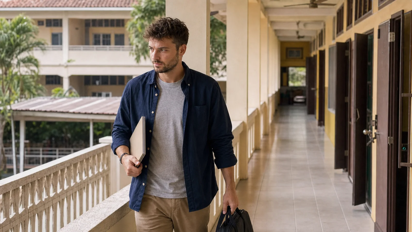 Foreign teacher carrying a folder and laptop bag through a Thai school corridor on the first day