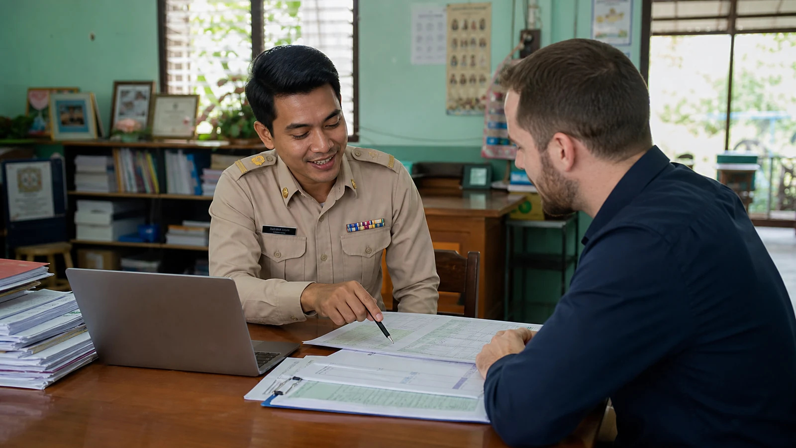 Thai education coordinator explaining onboarding documents to a foreign teacher